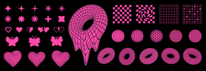 retro y2k shapes and 3d wireframes grids vector image