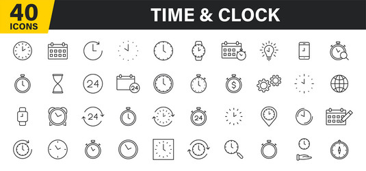 Set of 40 time and clock web icons in line style vector