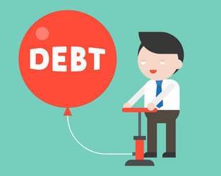 cute business man pumping air in red debt balloon vector