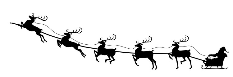 Silhouette santa riding on reindeer sleigh vector