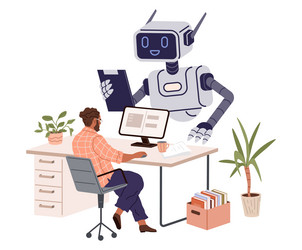 robot assisting man in office with computer vector image