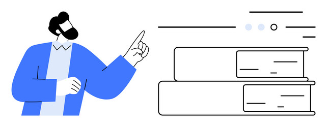 man in blue jacket pointing at stack of books vector image
