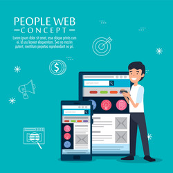 man with smartphone and table office website vector image