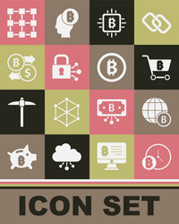 set bitcoin with clock globe shopping cart vector image
