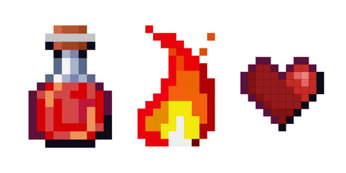 set pixel objects potion bottles fire vector image