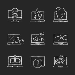 Computer damage chalk white icons set on black vector