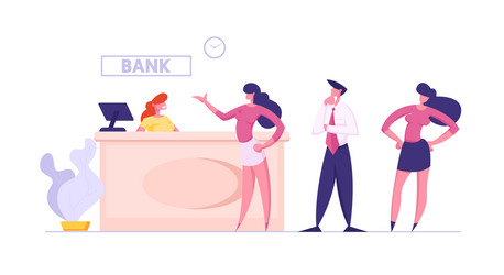 people in bank stand at operator desk waiting turn vector