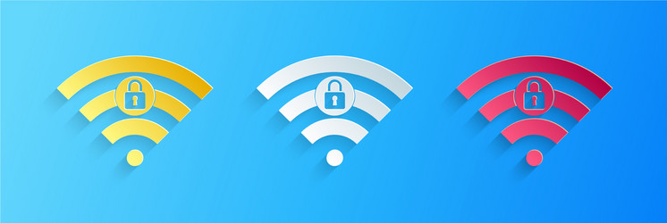 Paper cut wifi locked sign icon isolated on blue vector