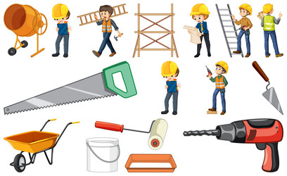 set of construction site objects and workers vector image