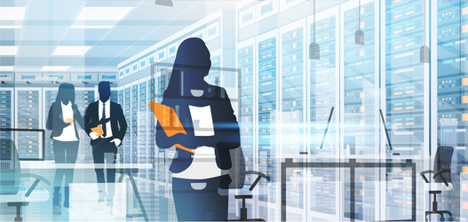 silhouette people working in data center room vector