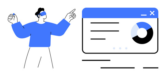 man analyzing data on web interface with pie chart vector image