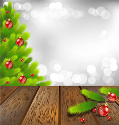 Wooden floor with christmas tree on bokeh vector