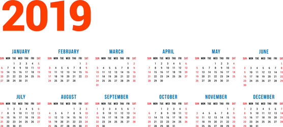 Calendar for 2019 year on white background week vector