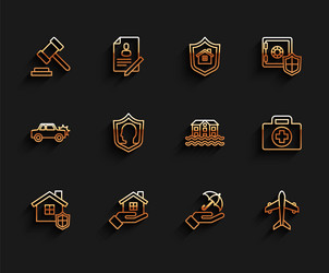 set line house with shield in hand judge gavel vector image