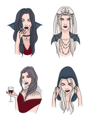 set of various vampire girl woman with fangs vector