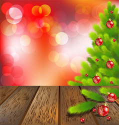 Wooden floor with christmas tree on red bokeh vector