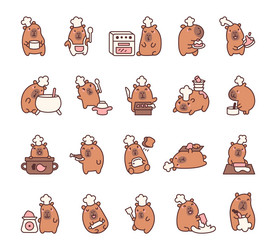 set of capybara in chef hat with baking tools vector image