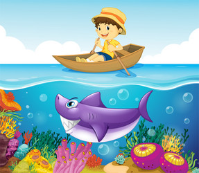 Cartoon little boy riding a inflatable shark Vector Image