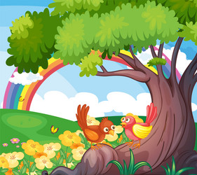 Birds in a Tree with a Rainbow vector image