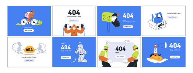 404 error pages set unavailable webpages funny vector image