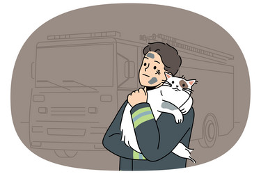 man firefighter with cat heroically rescued from vector image
