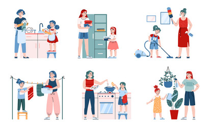 Girl helping her mother with house chores cartoon vector