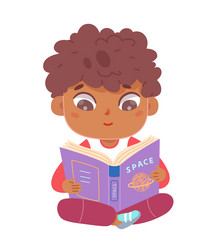 kid reading book about outer space and planet from vector image