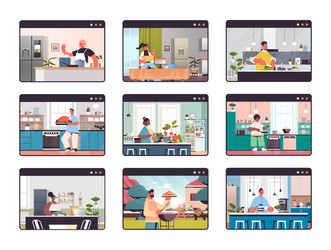 Set mix race people preparing food at home online vector