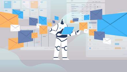 Robot using laptop sending and receiving envelopes vector