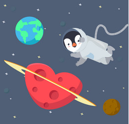 penguin astronaut floating in space background vector image