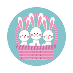 Happy easter bunnies in basket icon vector