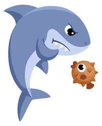 angry shark with cute little fish cartoon vector