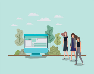 mini people working in computer desktop vector image