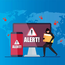 Hacker with laptop and smartphone danger warning vector