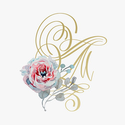 golden hand lettering font with handmade rose vector