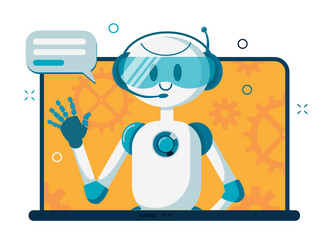 Smiling chat bot character robot helping solve vector