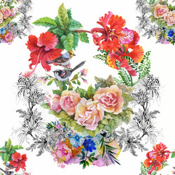 watercolor wild exotic birds on flowers seamless Vector Image