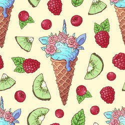 Seamless pattern ice cream kiwi raspberry cherry vector