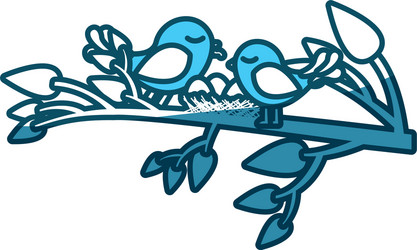 Blue silhouette of birds and nest in tree branch vector