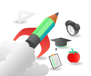 Flat isometric concept pencil rocket back vector