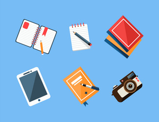 Workspace items with camera tablet notepad vector