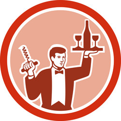 Waiter serving wine holding corkscrew retro vector