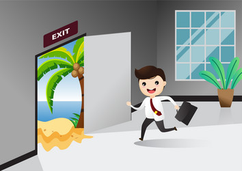 Businessman running exit door sign he get off vector