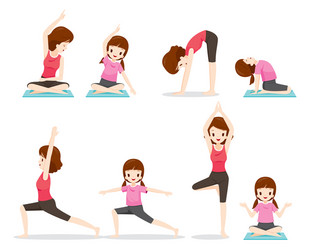 Woman and Child Practicing Yoga Vector Image