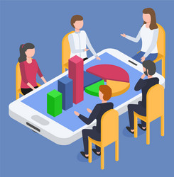 Business conference on mobile device with graphs vector