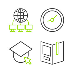 set line open book graduation cap on globe clock vector image