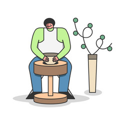 Man molding a vase clay on potter wheel vector