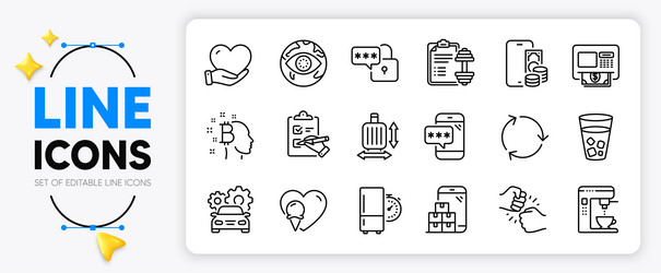 Baggage size bitcoin think and atm line icons vector