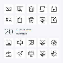20 multimedia line icon pack like buffer mail vector image
