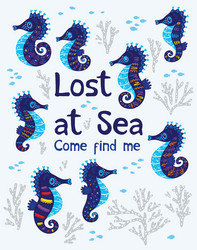 sea card with stylized cartoon seahorse vector